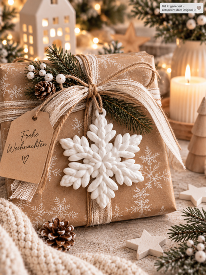 Weihnachtlich verpacktes Geschenk mit natürlicher Schneeflocken Deko aus PLA in weißer Knitty-Strickoptik und Tannenzweig