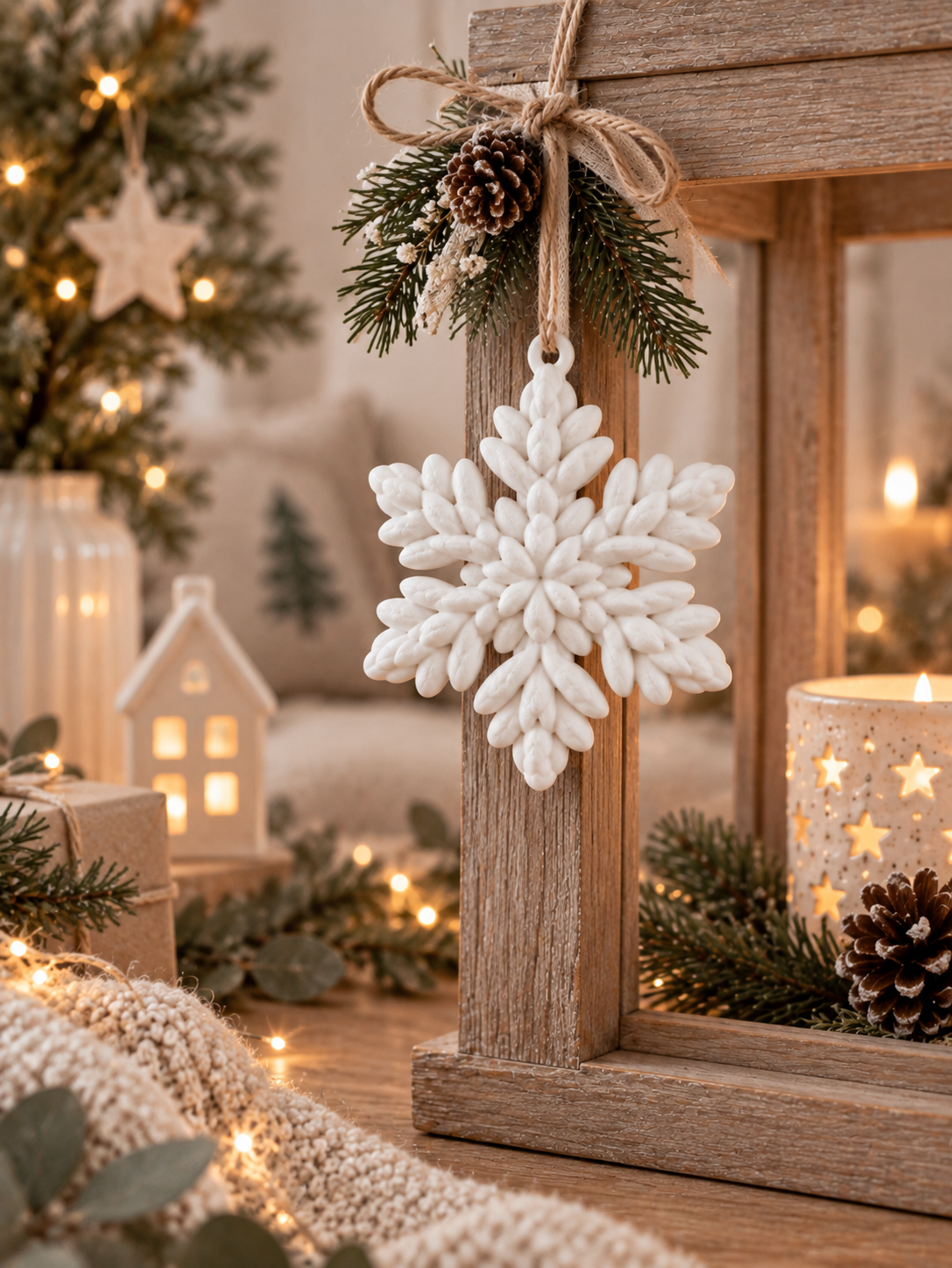 Schneeflocken Deko aus weißem PLA mit detailreicher Knitty-Strickoptik als hängender Weihnachtsschmuck