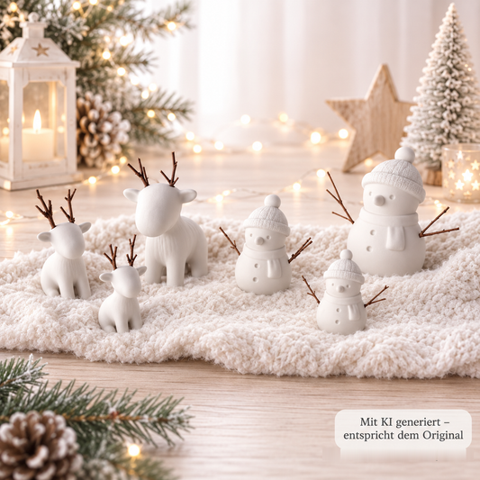 Schneemann und Rentier aus PLA mit echten Zweigen als winterliche Weihnachtsdeko in drei Größen