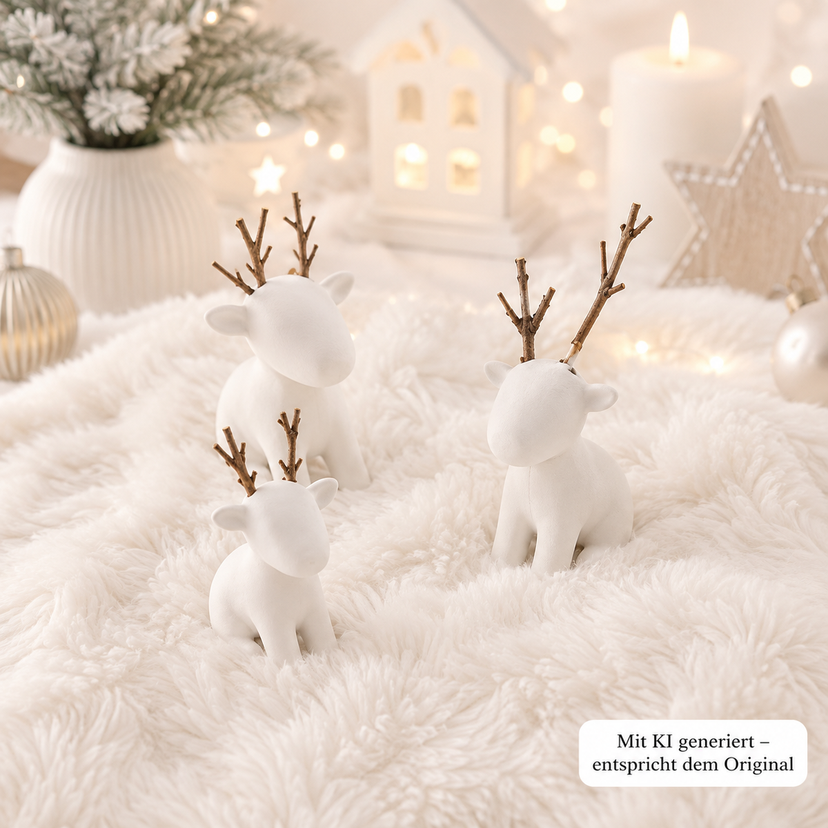 Rentierfiguren aus weißem PLA mit natürlichem Zweigegeweih, Schneemann & Rentier in schlichtem 3D-Druckdesign.