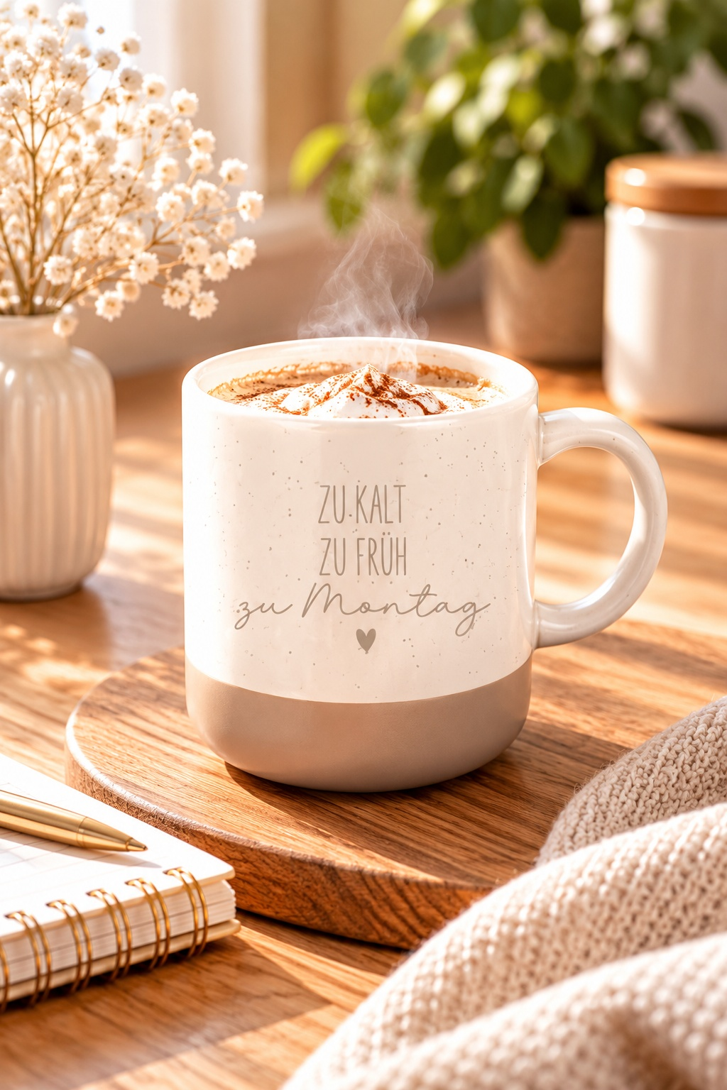 Tasse aus beiger Keramik mit grauem Fuß und dem Spruch „Zu kalt, zu früh, zu Montag“ in feiner Schrift