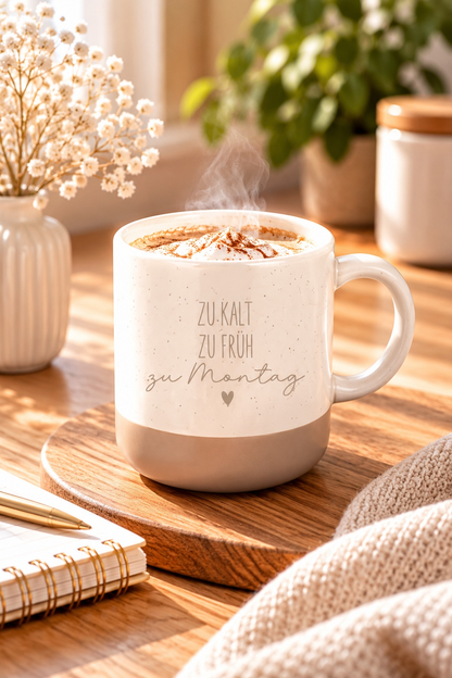Tasse aus beiger Keramik mit grauem Fuß und dem Spruch „Zu kalt, zu früh, zu Montag“ in feiner Schrift
