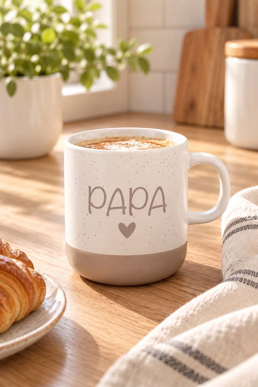 Tasse aus beiger, gesprenkelter Keramik mit grauem Boden und Aufdruck „PAPA“ samt kleinem Herz