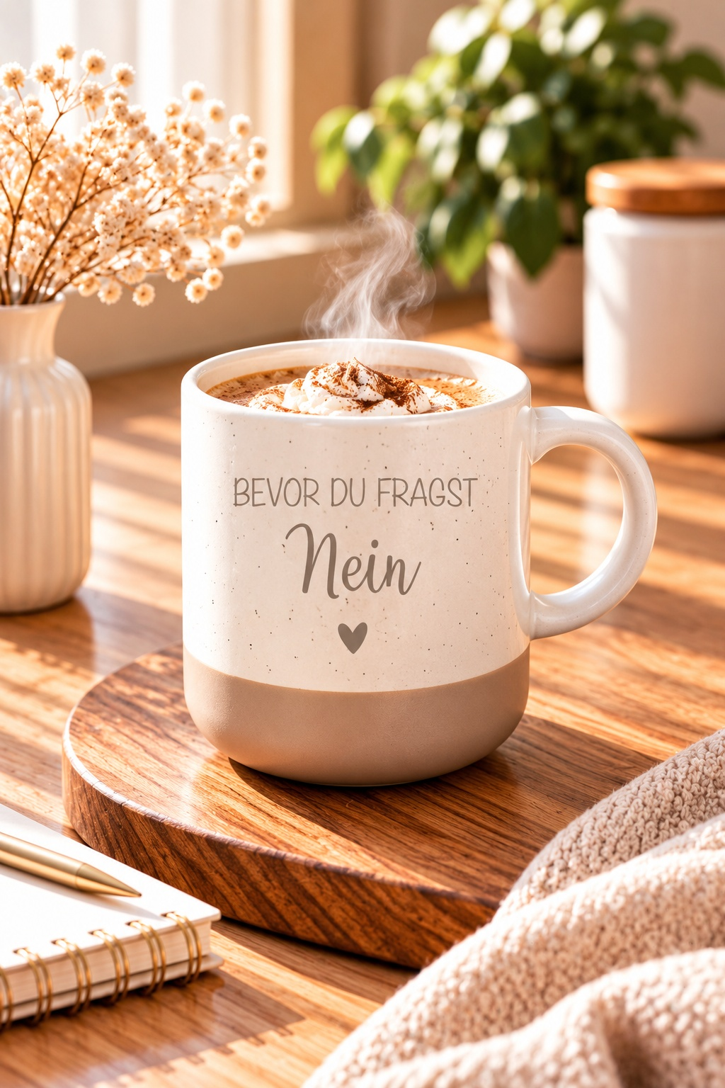 Tasse aus cremefarbener Keramik mit beigefarbenem Fuß, Spruch „Bevor du fragst: Nein“ und kleinem Herz