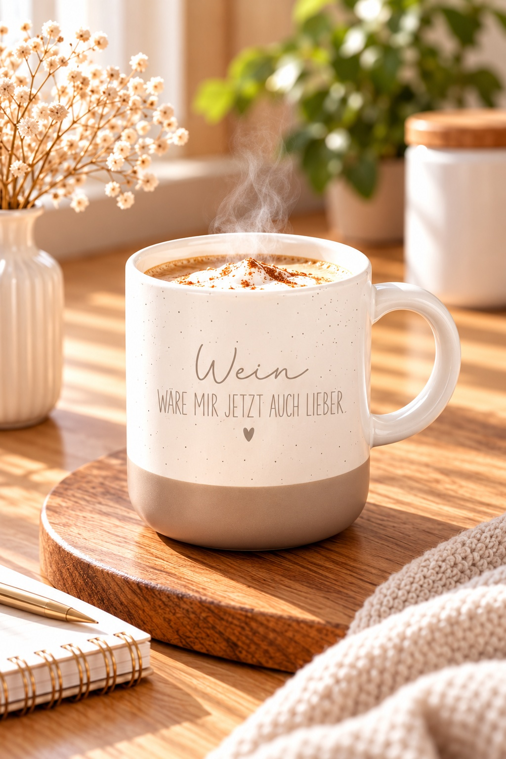 Tasse aus cremefarbener Keramik mit beigem Fuß, feinen Sprenkeln und dem Schriftzug „Wein wäre mir jetzt auch lieber“