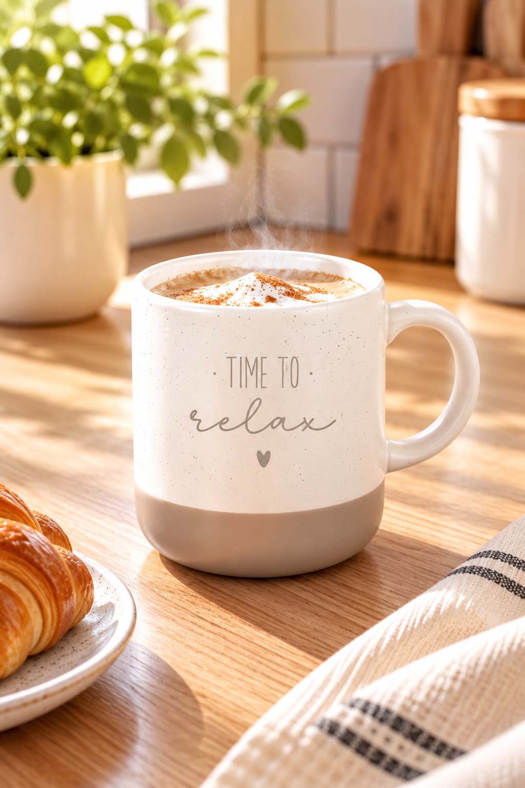 Tasse aus cremefarbener Keramik mit grauem Fuß, Spruch „Time to relax“ und kleinem Herzmotiv