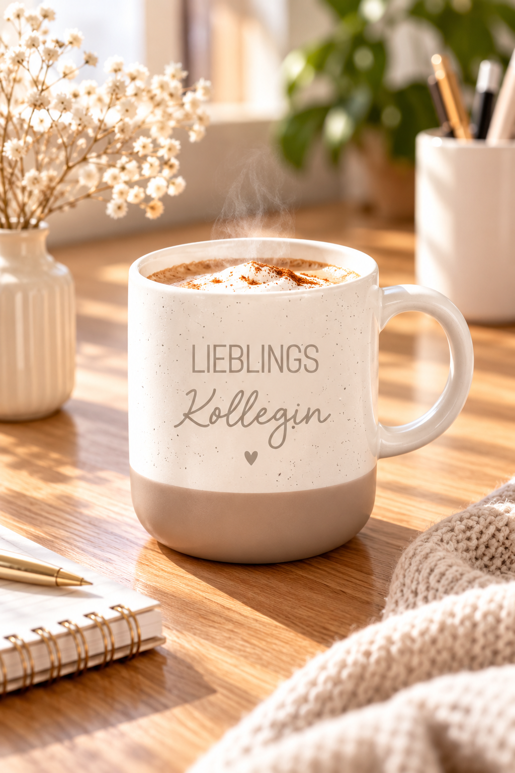 Tasse aus cremeweißer Keramik mit beigefarbenem Fuß, feinen Sprenkeln und dem Aufdruck „Lieblings Kollegin“