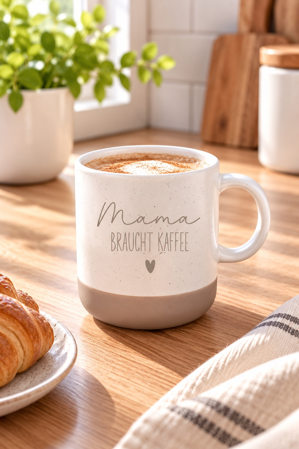 Tasse aus weißer Keramik mit beigem Boden, Aufdruck „Mama braucht Kaffee“ und kleinem Herz