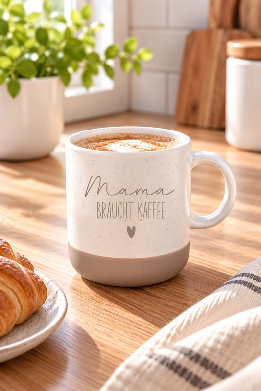 Tasse aus weißer Keramik mit beigem Boden, Aufdruck „Mama braucht Kaffee“ und kleinem Herz