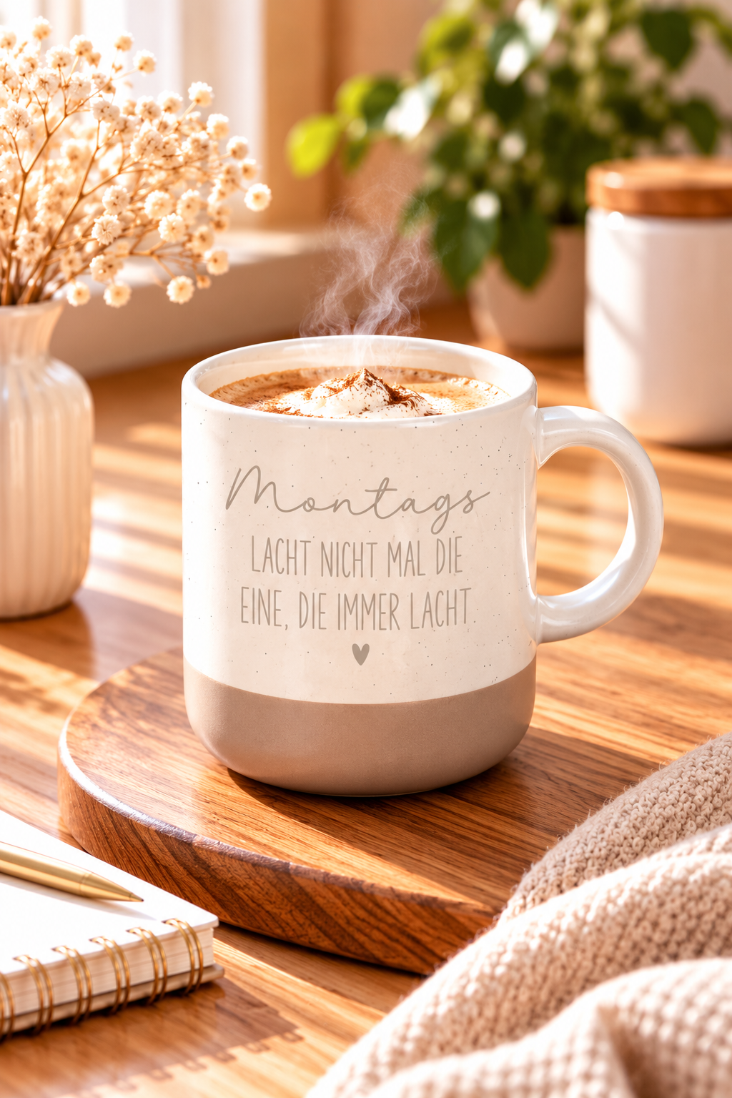 Tasse aus weißer Keramik mit beigefarbenem Fuß und braunem Montagspruch „Lacht nicht mal die eine, die immer lacht“