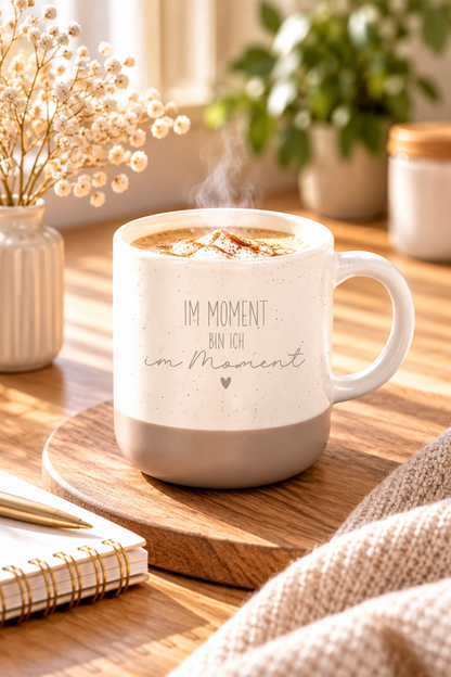 Tasse aus weißer Keramik mit beigem Fuß, feinen Sprenkeln und Aufdruck „IM MOMENT BIN ICH im Moment“