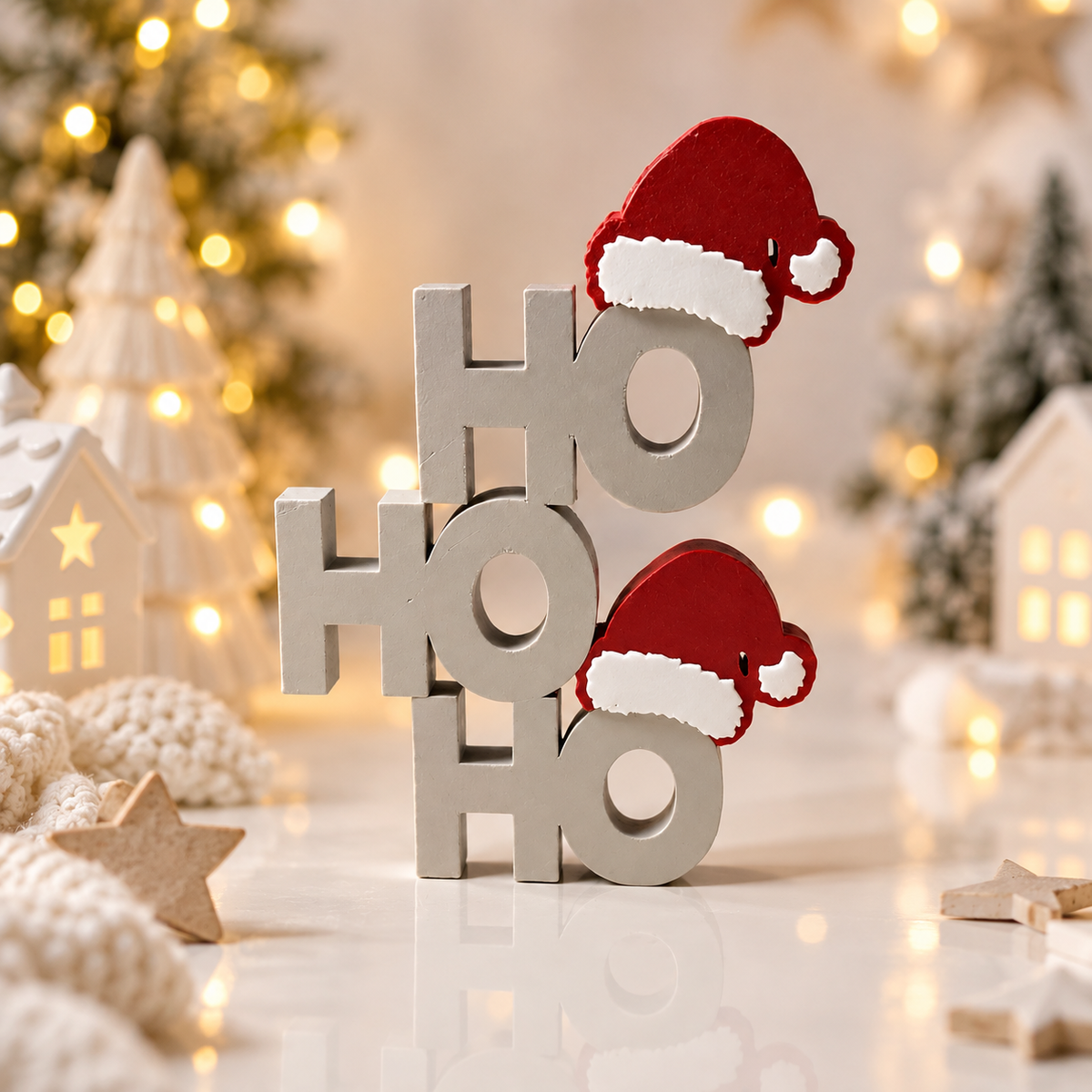 Weihnachten Aufsteller mit dreifachem Ho-Ho-Ho-Schriftzug aus PLA und roten Weihnachtsmützen mit weißem Rand