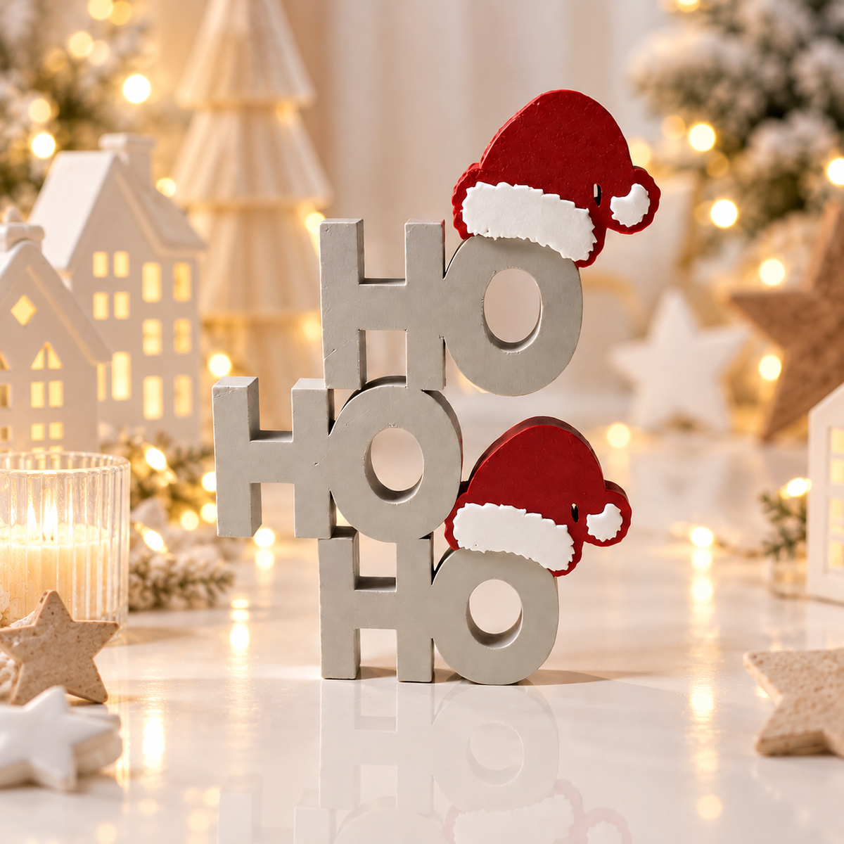 Weihnachten Ho-Ho-Ho-Aufsteller aus silbernem PLA mit roten Weihnachtsmützen und plastischem 3D-Effekt