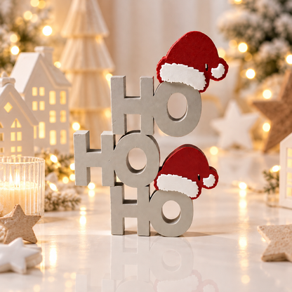 Weihnachten Ho-Ho-Ho-Aufsteller aus silbernem PLA mit roten Weihnachtsmützen und plastischem 3D-Effekt