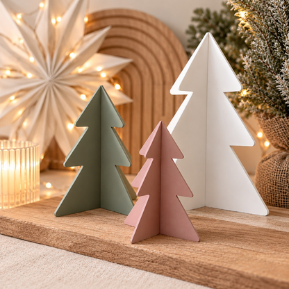 Weihnachtsbaum Deko aus PLA in Weiß, Salbeigrün und Altrosa, drei minimalistische Tannenbäume zum Zusammenstecken