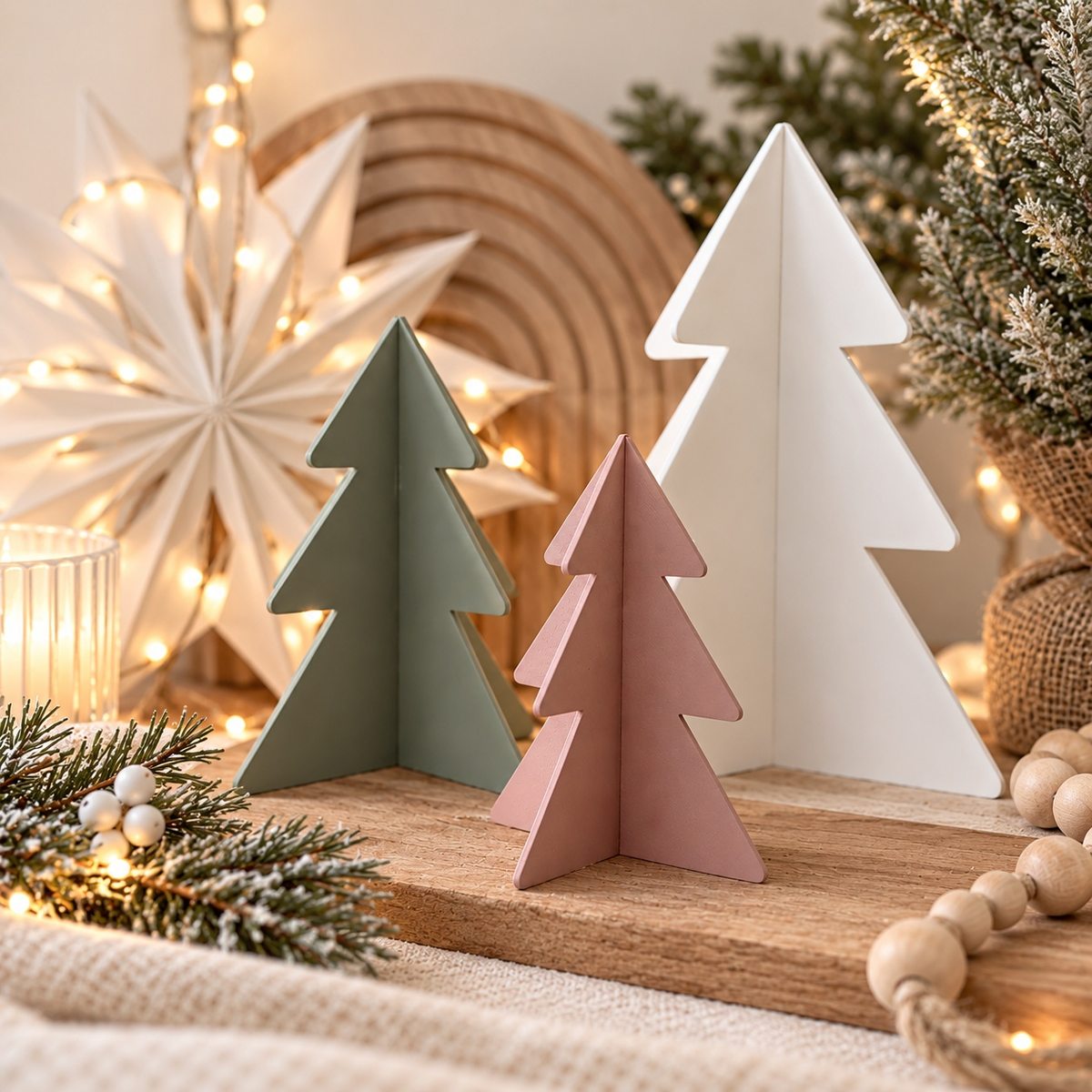 Weihnachtsbaum Deko aus PLA: drei gesteckte Tannenbäume in Weiß, Salbeigrün und Rosé mit schlichter, flächiger Form