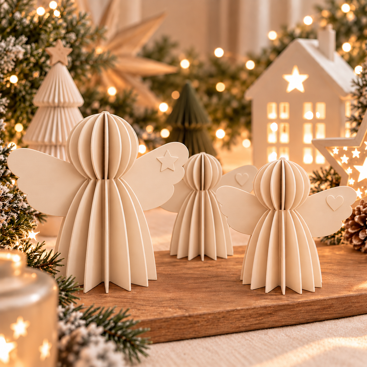 Weihnachtsengel Deko aus cremefarbenem PLA mit geripptem 3D-Lamellendesign und ausgestreckten Flügeln in drei Größen