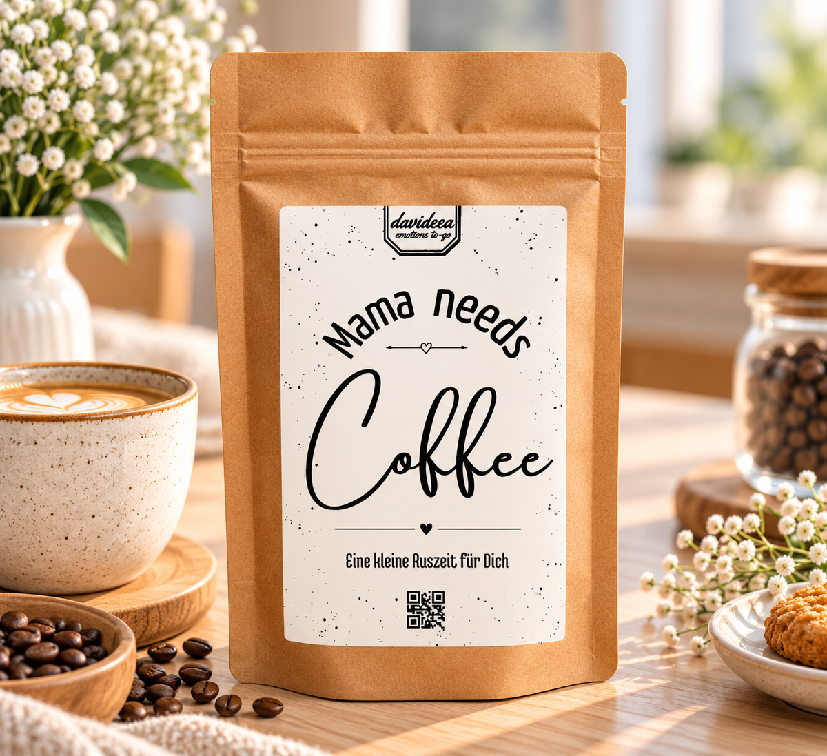 Kaffeetüte aus braunem Kraftpapier mit weißem Etikett, schwarzem Schriftzug „Mama needs Coffee“ und QR-Code, Weihnachtsgeschenk Kaffee Tee