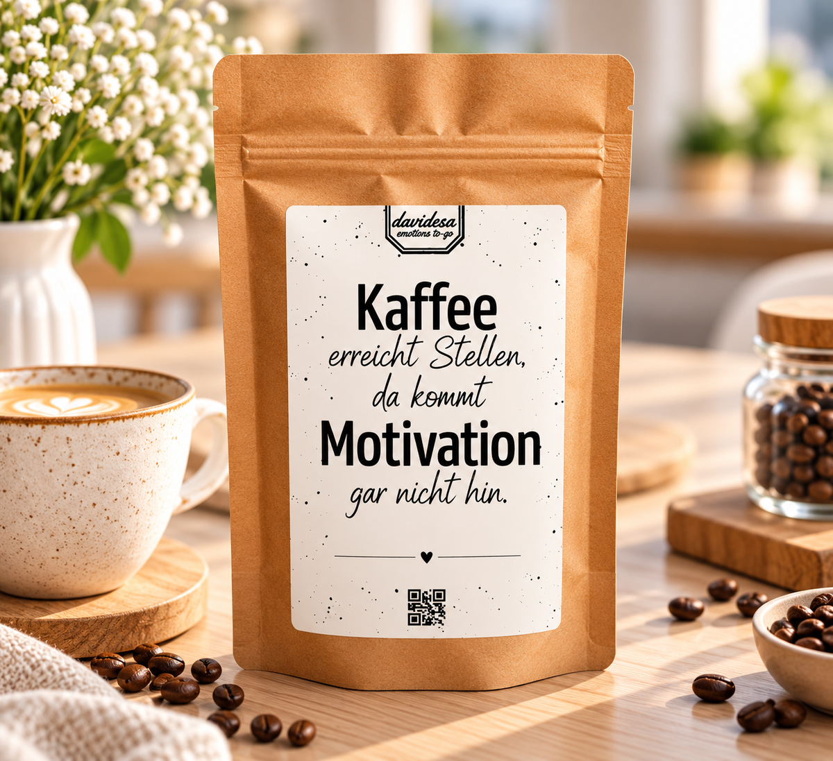 Kaffeetüte als Weihnachtsgeschenk Kaffee Tee aus braunem Kraftpapier mit weißem Etikett und schwarzem Motivationsspruch