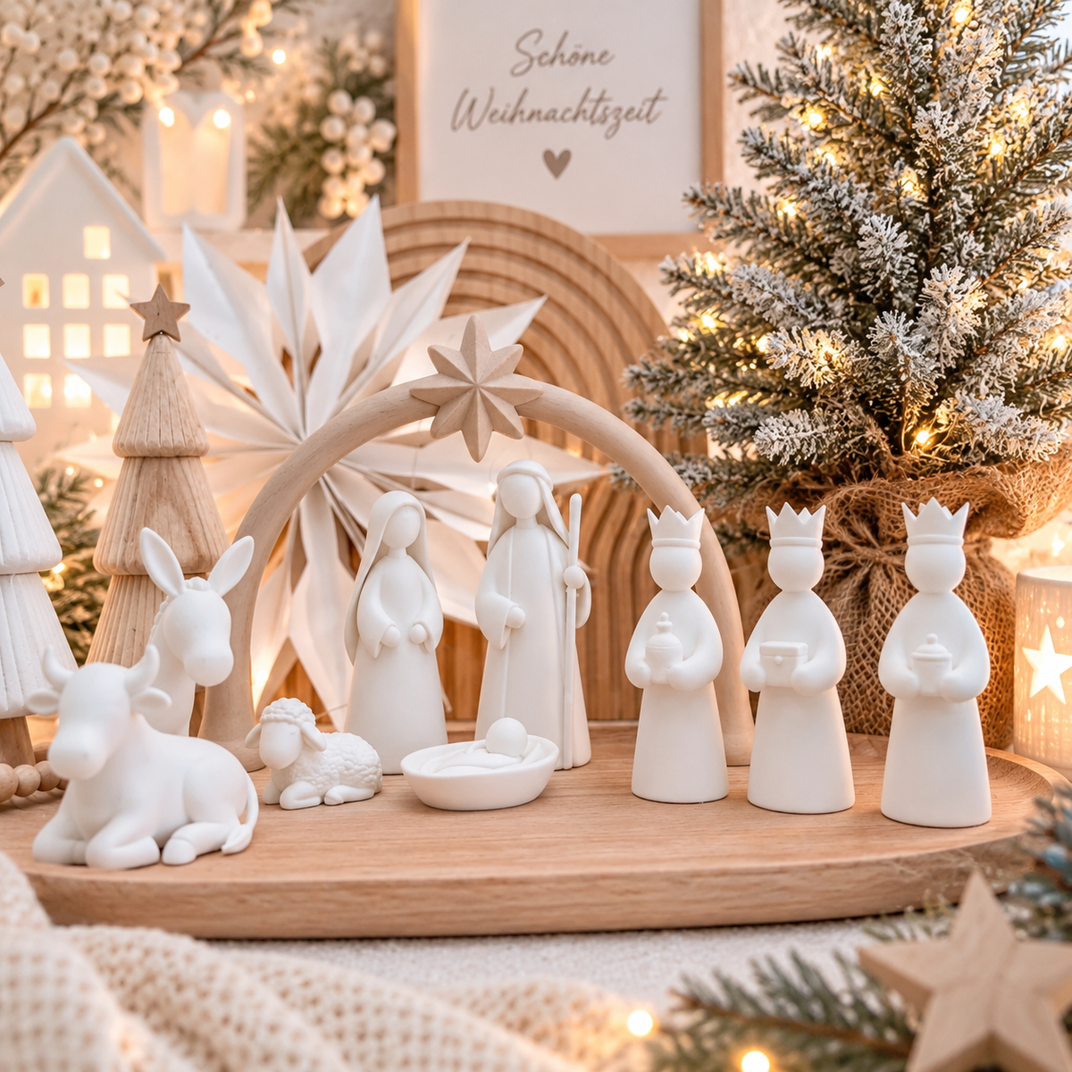 Weihnachtskrippe aus PLA mit 9 cremeweißen Figuren und geschwungenem Krippenbogen aus Holz mit Stern in modernem, minimalistischem Stil