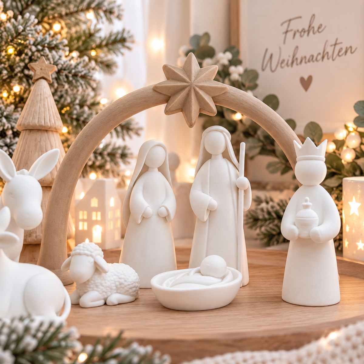 Weihnachtskrippe aus PLA mit 9 minimalistischen weißen Figuren und einem hölzernen Krippenbogen mit Stern in modernem Design