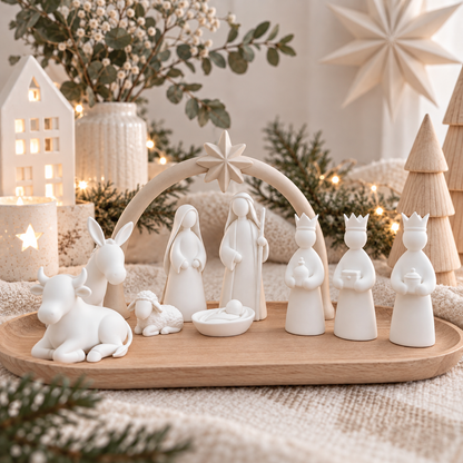 Weihnachtskrippe aus PLA mit 9 weißen, minimalistischen Figuren aus PLA und einem Krippenbogen mit Stern in schlichtem Design