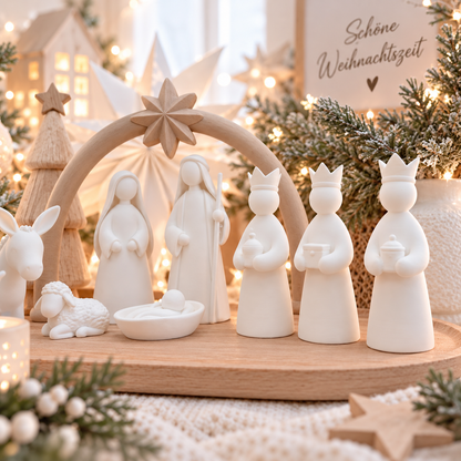 Moderne Weihnachtskrippe aus PLA in weiß mit 9 minimalistischen Figuren und dekorativem Krippenbogen mit Stern