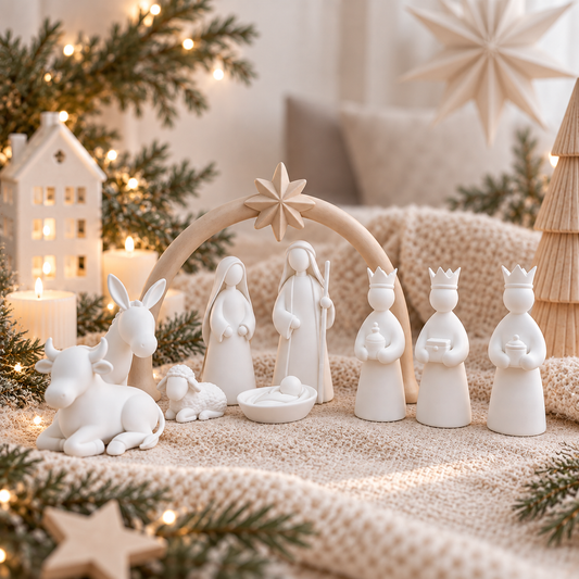 Moderne Weihnachtskrippe aus PLA mit 9 weißen Krippenfiguren, Krippenbogen und Stern, skandinavisch schlicht gestaltet