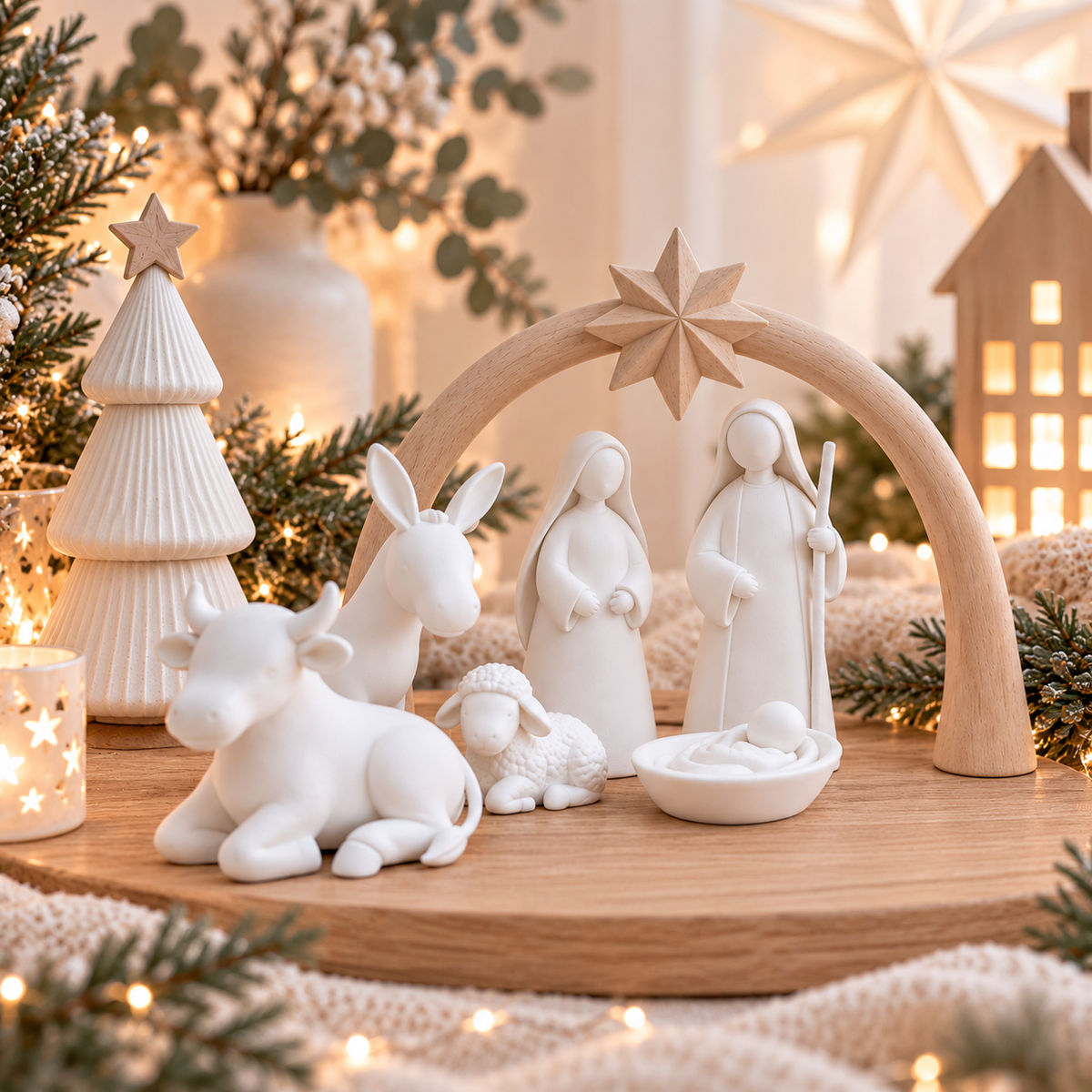 Weihnachtskrippe aus PLA in weiß mit schlichten, modernen Figuren Maria, Josef, Krippenkind, Esel, Ochse, Schaf und Krippenbogen mit Stern