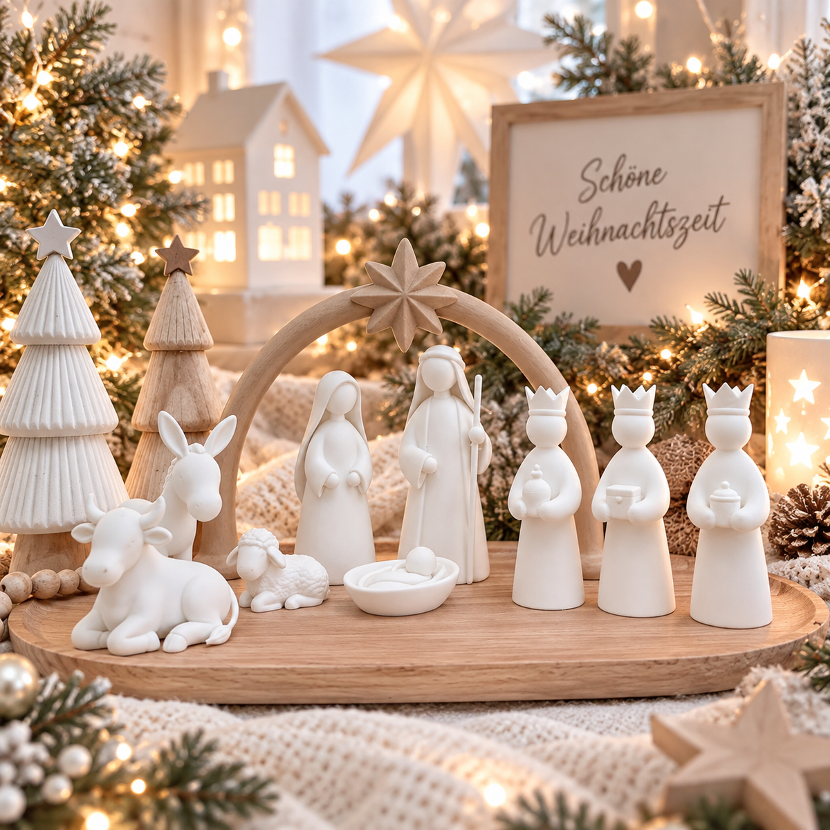 Weihnachtskrippe aus PLA in weiß mit neun minimalistischen Figuren und einem Krippenbogen mit Stern, skandinavisch modern