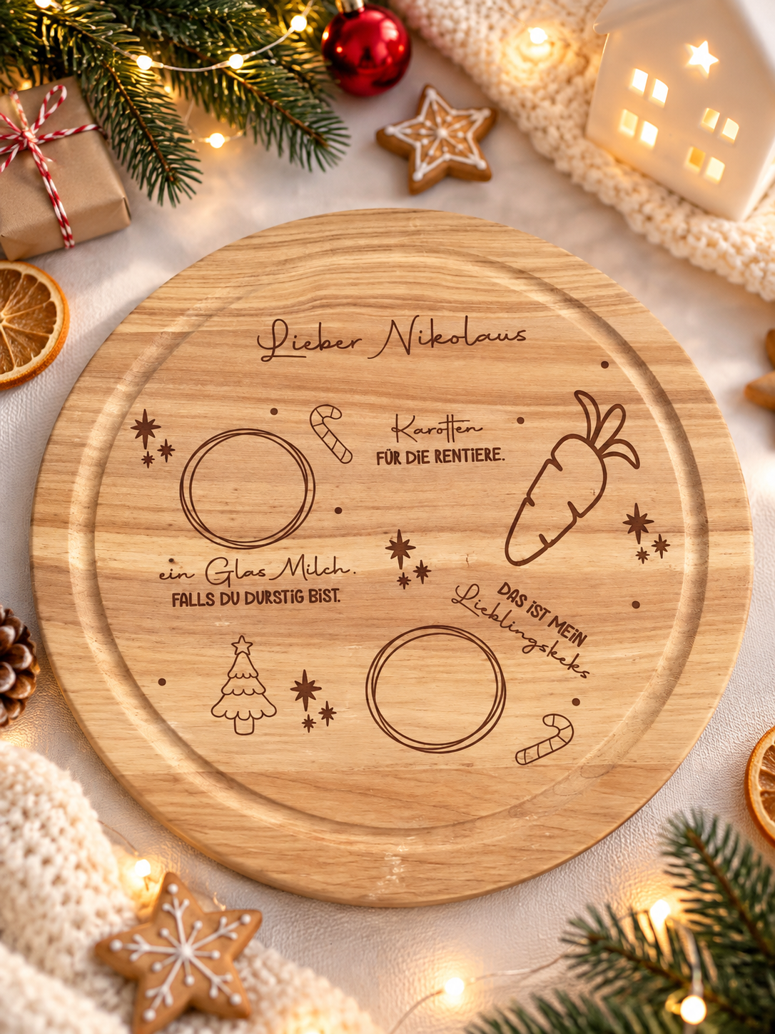 Weihnachtsmann Nikolausteller aus hellem Birkenholz mit natürlicher Maserung und Gravur für Milch, Kekse und Rentierkarotte