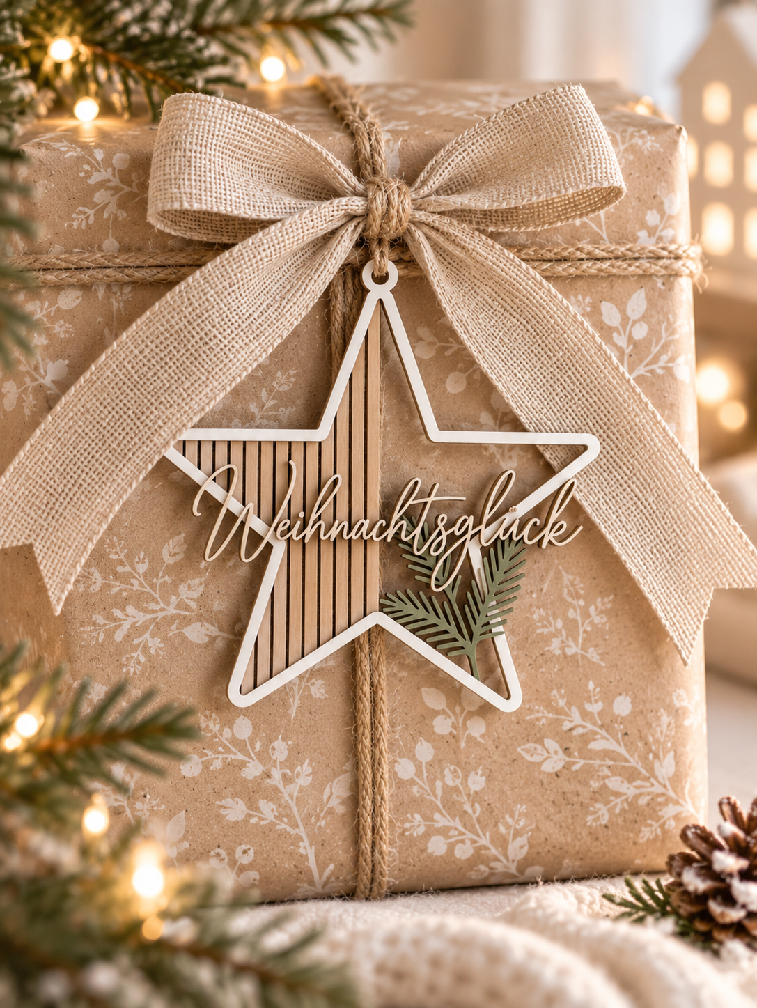 Weihnachtsstern Deko aus hellem Material mit Schriftzug „Weihnachtsglück“ und filigranen senkrechten Linien