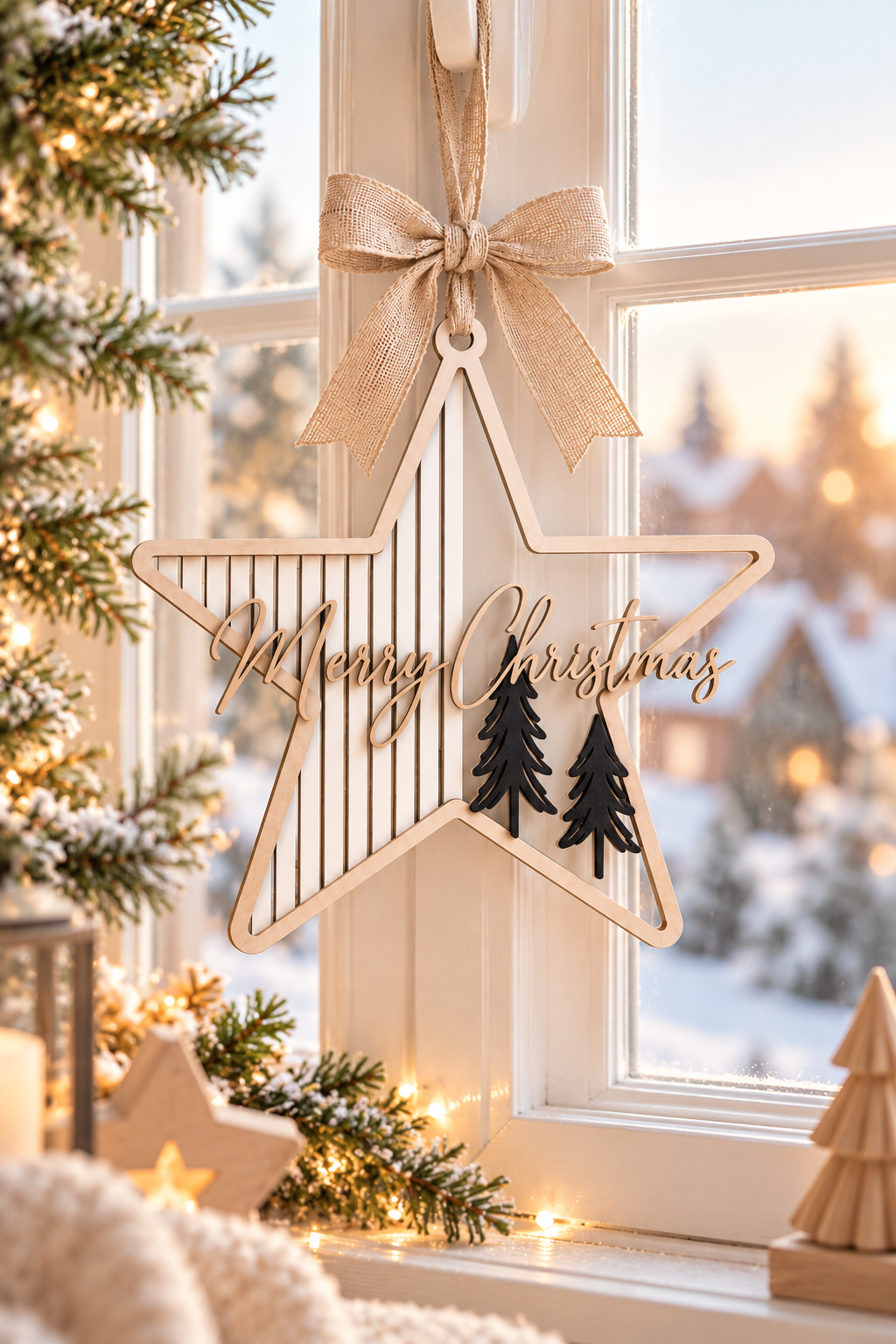 Weihnachtsstern Deko aus hellem Holz mit feinen Streben, schwarzem Tannenmotiv und Schriftzug „Merry Christmas“