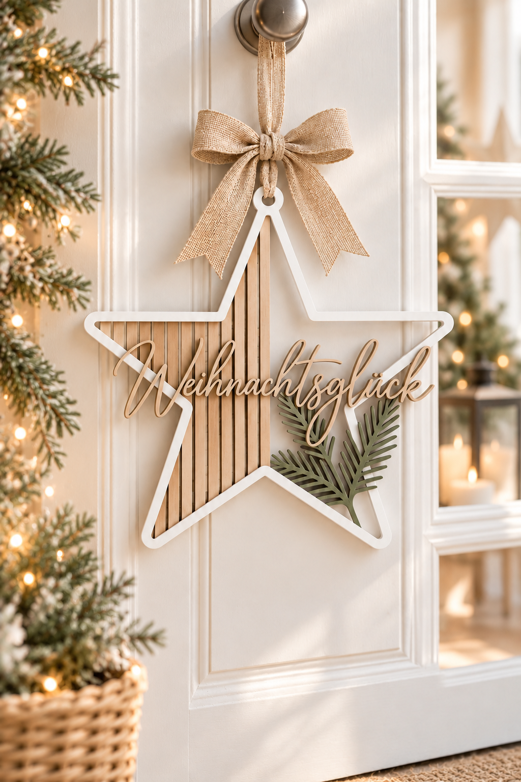Weihnachtsstern Deko aus Holz in Weiß und Naturtönen mit Tannenzweig und Schriftzug „Weihnachtsglück“, zum Aufhängen