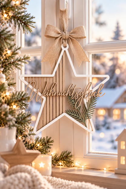 Weihnachtsstern Deko aus hellem Holz mit weißem Sternrahmen, Schriftzug „Weihnachtsglück“ und grünen Tannenzweigen