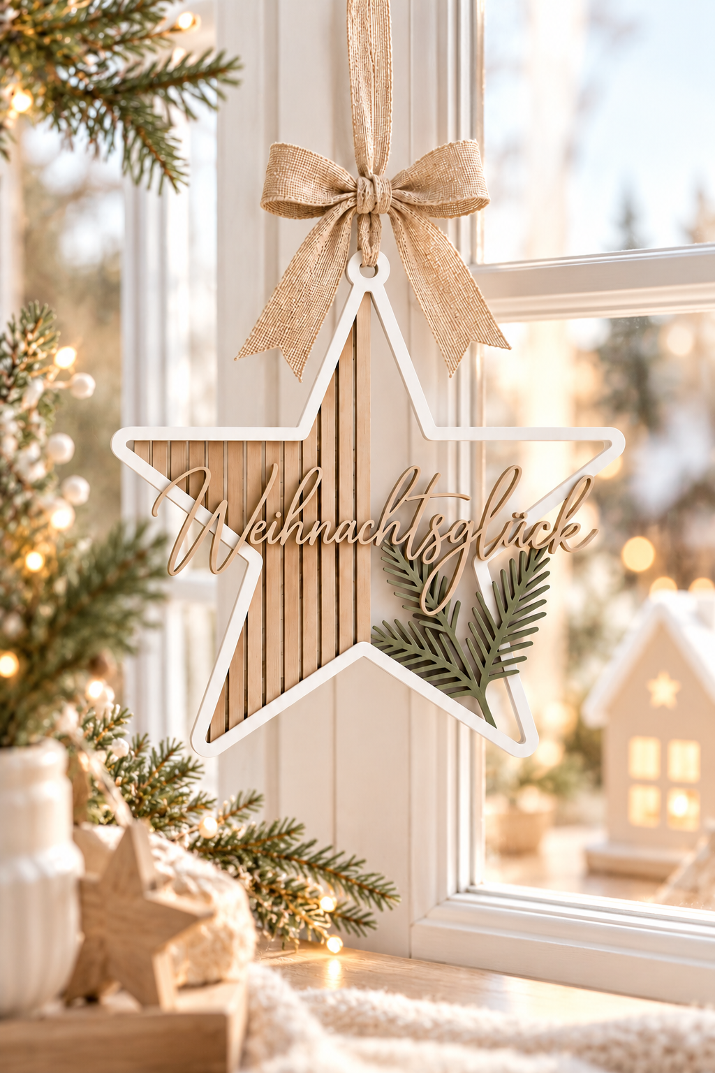 Weihnachtsstern Deko aus weißem und naturfarbenem Holz mit dem Schriftzug „Weihnachtsglück“, Tannengrün und Juteschleife