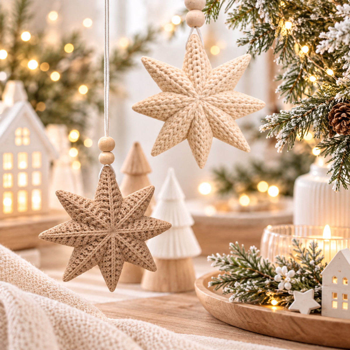 Weihnachtssterne Deko in Strickoptik: zwei beige, dreidimensionale Sterne mit markanten Maschen und Holzperlen