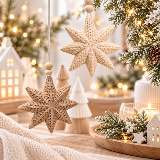 Weihnachtssterne Deko in Strickoptik: zwei beige, dreidimensionale Sterne mit markanten Maschen und Holzperlen