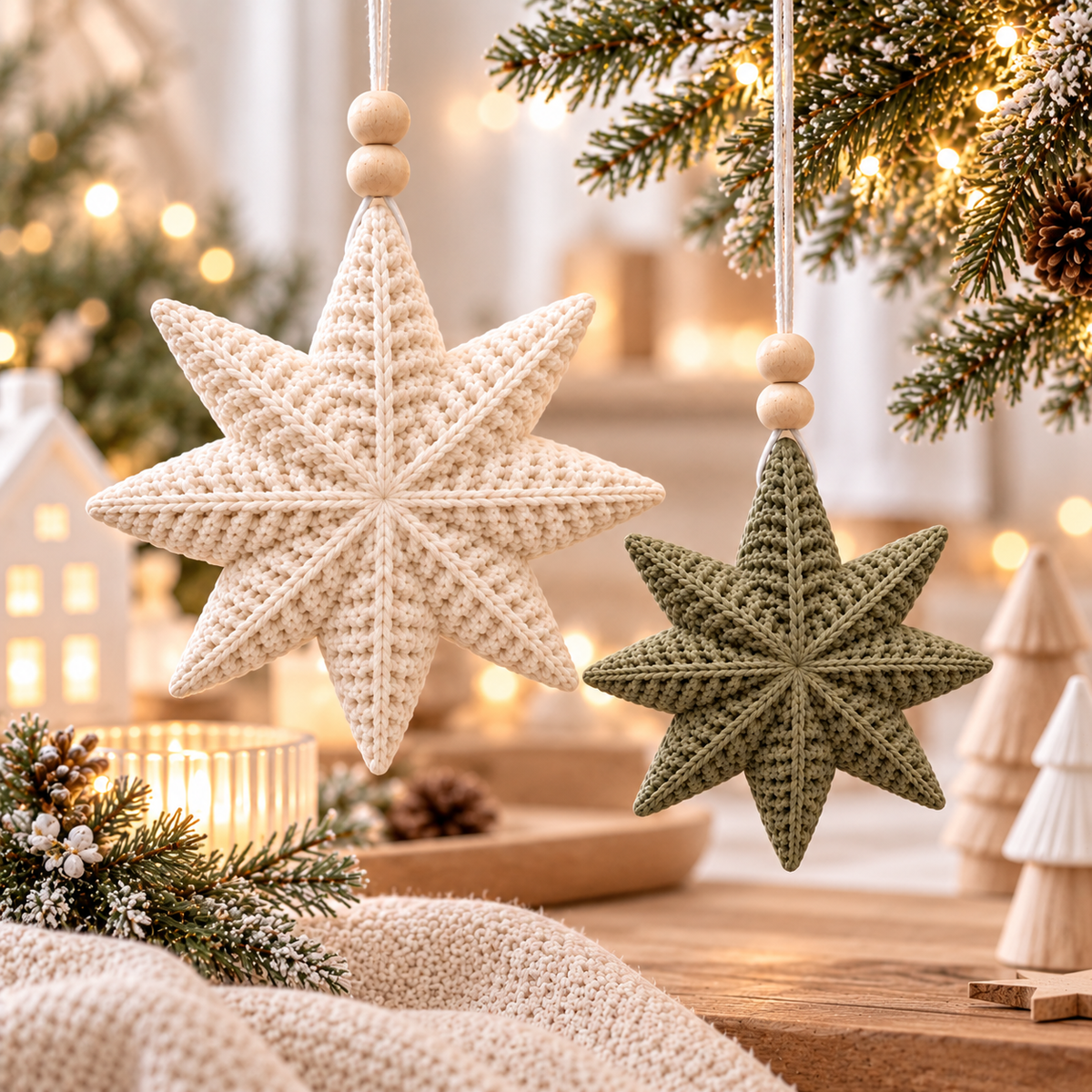 Weihnachtssterne Deko mit zwei achtzackigen Sternanhängern in Creme und Olivgrün, mit gestrickter Maschenoptik
