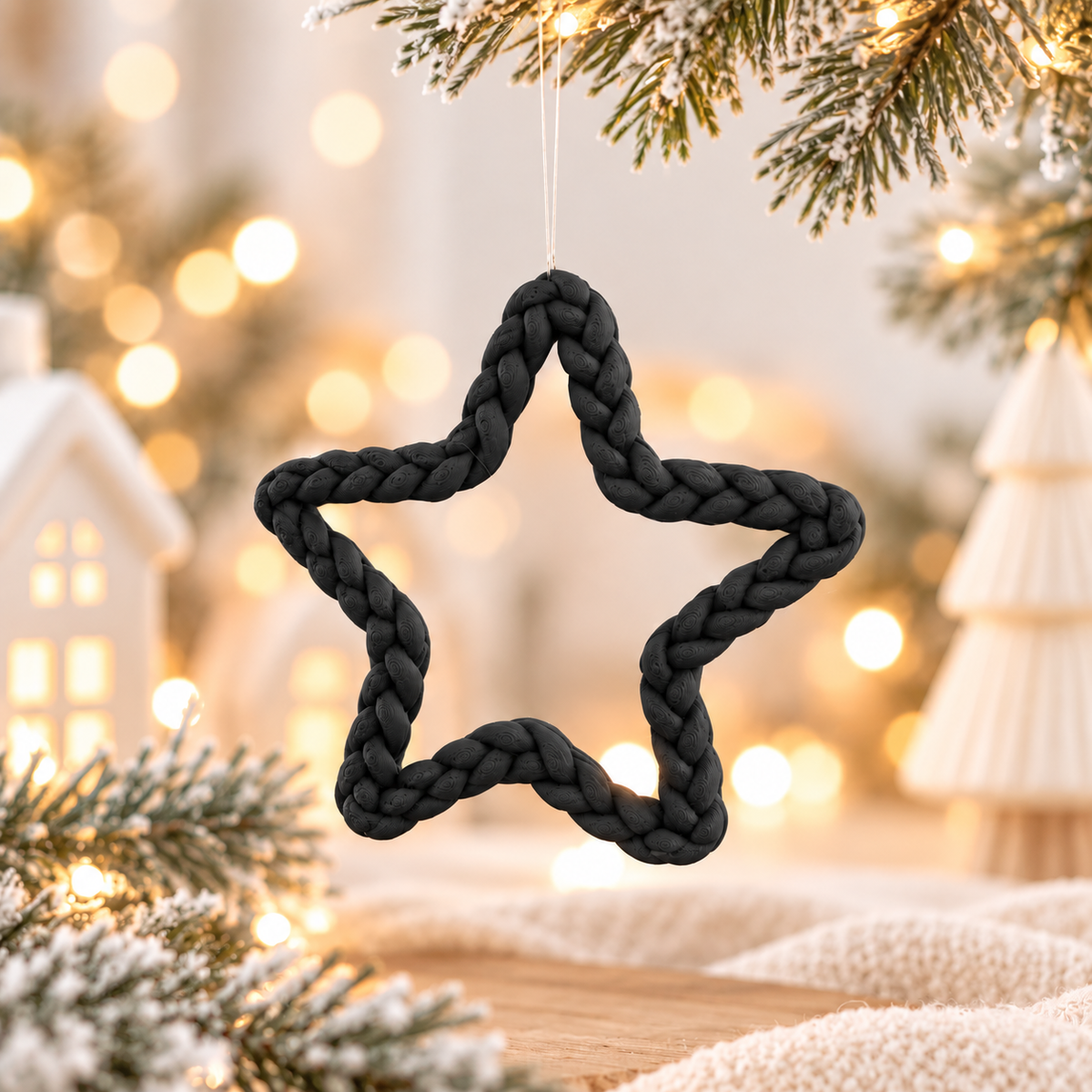 Weihnachtsstern als Weihnachtssterne Deko in Schwarz mit geflochtener Strickoptik und Aufhängeloch, am Zweig befestigt