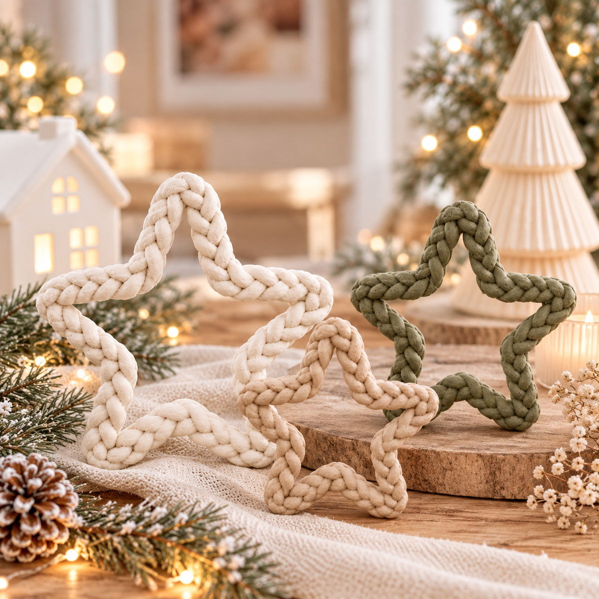 Weihnachtssterne Deko in drei Größen mit geflochtener Strickoptik, in Cremeweiß, Beige und Olivgrün
