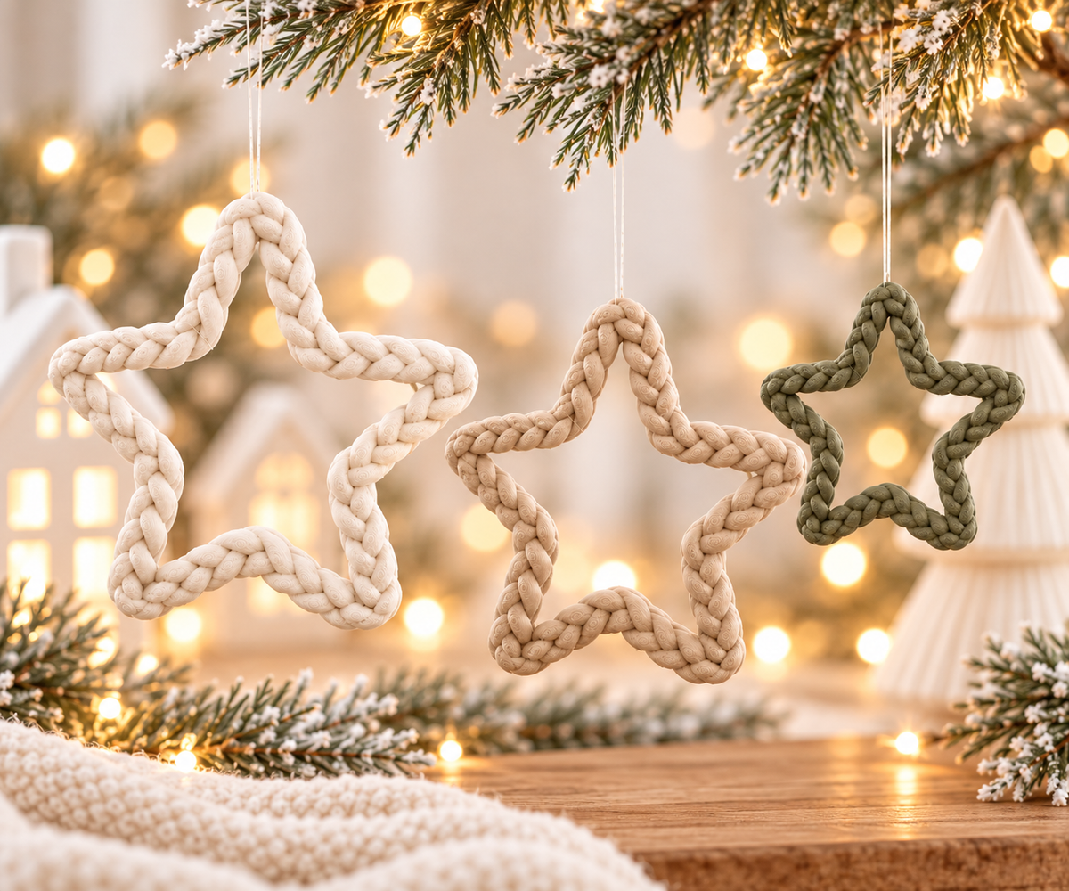 Weihnachtssterne Deko aus 3D-gedrucktem PLA in Creme, Beige und Olivgrün mit markanter, geflochtener Strickoptik
