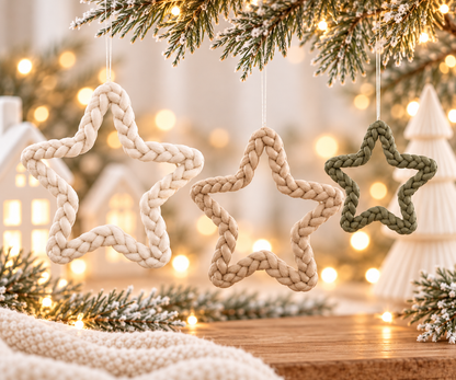 Weihnachtssterne Deko aus 3D-gedrucktem PLA in Creme, Beige und Olivgrün mit markanter, geflochtener Strickoptik