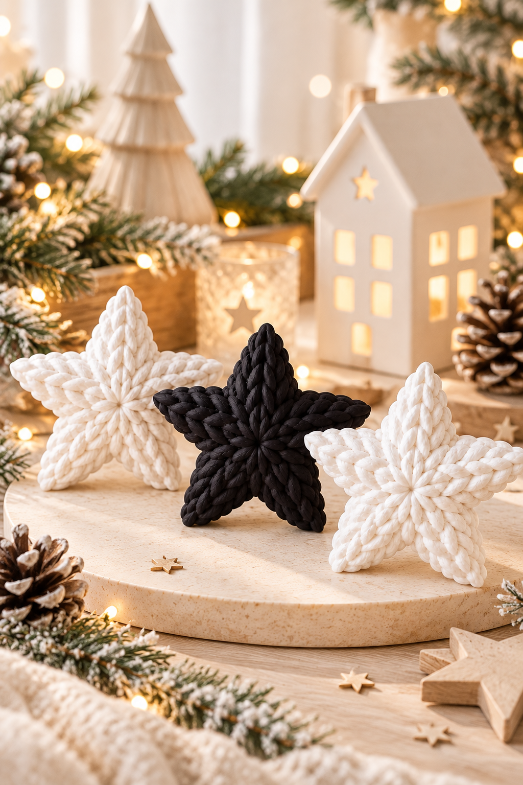 Weihnachtssterne Knitty aus PLA in Weiß und Schwarz, mit markanter geflochtener Strickoptik und fünf Zacken
