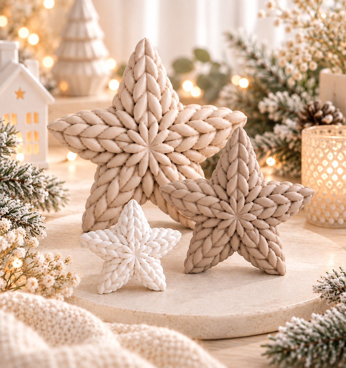 Weihnachtssterne Knitty aus beigefarbenem und weißem PLA mit voluminöser, geflochtener Strickoptik in drei Größen