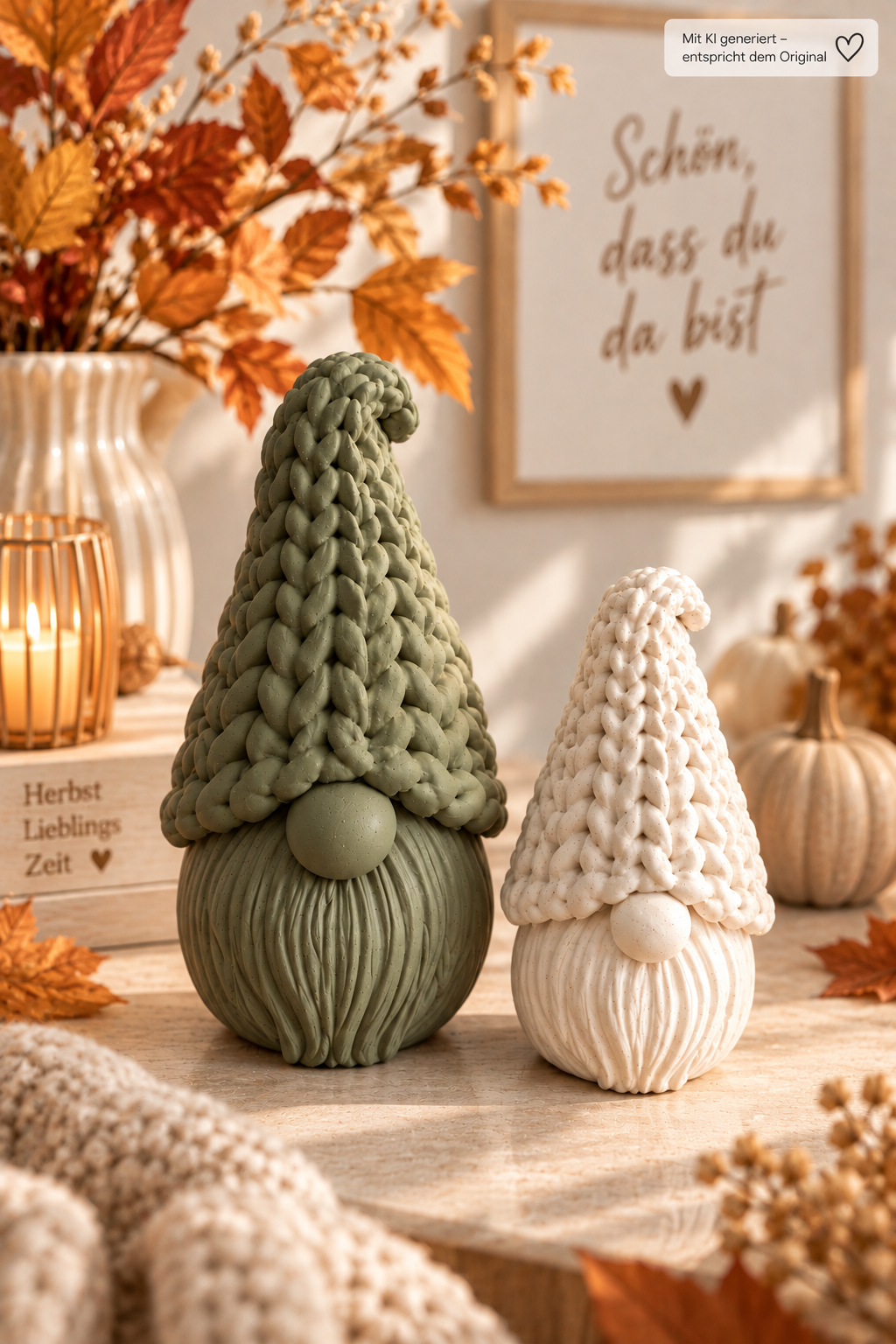 Wichtel Deko mit detailreicher Strickoptik aus PLA, ein großer grüner und ein kleiner weißer Wichtel mit Struktur in gemütlichen Herbstfarben