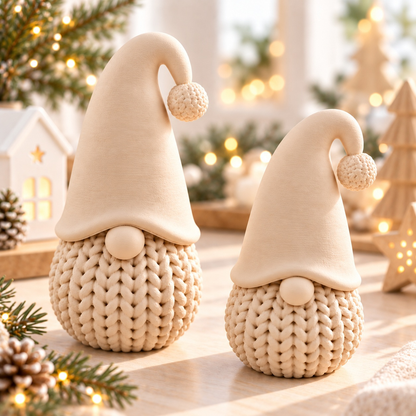 Wichtel Deko Weihnachten mit beigem, grob gestricktem Körper, langen glatten Zipfelmützen und runden Nasen