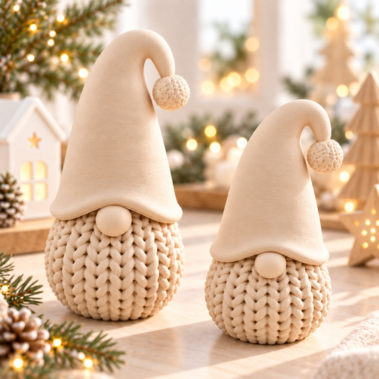 Wichtel Deko Weihnachten mit beigem, grob gestricktem Körper, langen glatten Zipfelmützen und runden Nasen