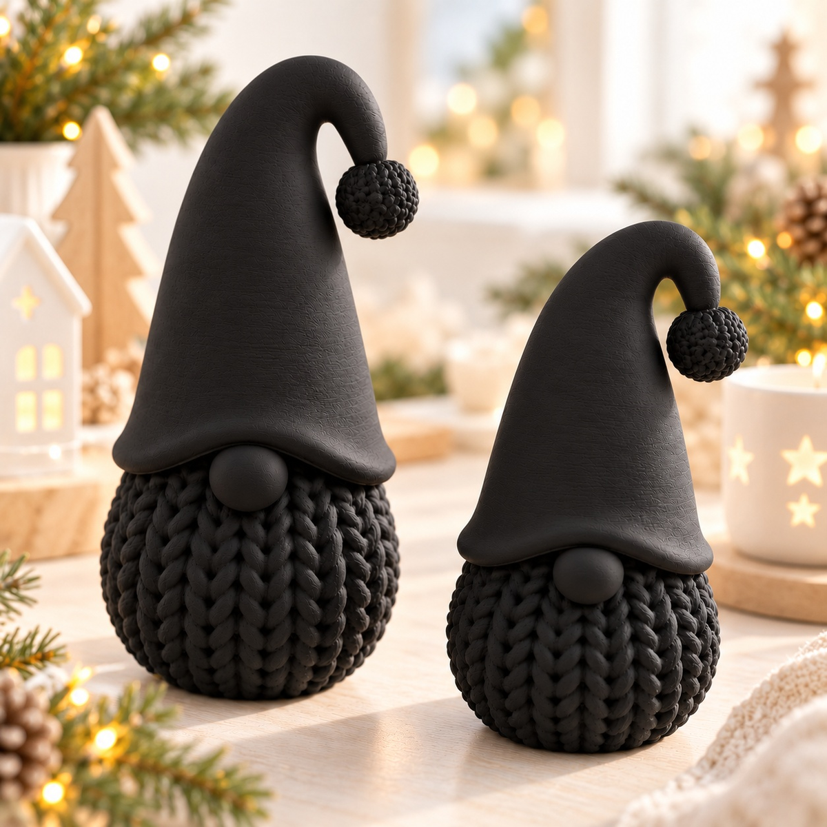 Wichtel Deko Weihnachten zeigt zwei schwarze Weihnachtswichtel mit glatten Zipfelmützen und grob gestrickter Körperstruktur.